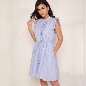 Ted Baker Beyonc Stand Collar Ruffled Shift Dress Blue Metallic Railroad Stripe